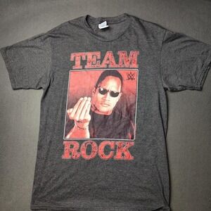 WWE The Rock Team Rock Shirt Mens Medium Black Wrestling Graphic Tee Poly Cotton